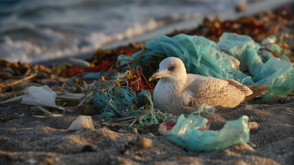 A young seagull rests on a beach littered with plastic waste. The scene highlights the impact of pollution on marine ecology