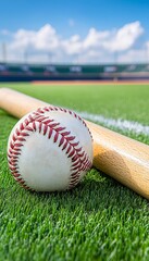 Classic baseball equipment resting on natural turf after training at a pitch in bright daylight.