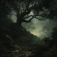 Obraz premium Dark forest with a large tree in the middle. Scene is eerie and mysterious