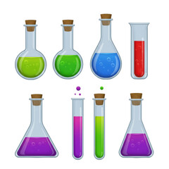 Illustration of various flasks and test tubes filled with colorful liquids.
