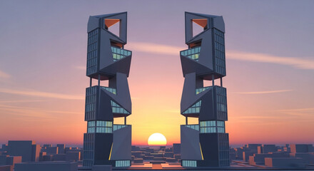 Futuristic city skyline architecture design urban landscape sunset cityscape modern buildings twin towers