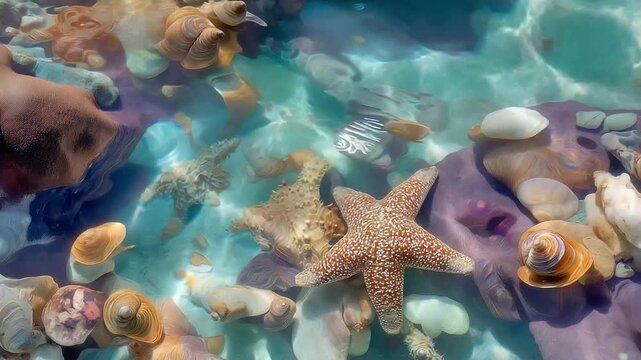 Close-up of ocean tidepool glowing with starfish and shells, radiant turquoise tones under sunlight.