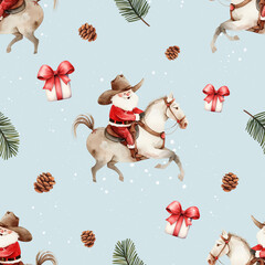 Seamless pattern with Santa Claus on a horse and in a hat. A repeating Christmas pattern. Children's wallpapers