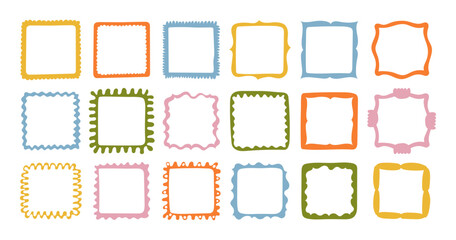 A collection of colorful hand-drawn square frames. Vector decorative borders for scrapbooking, greeting cards, invitations, photo albums, labels, posters, and creative design projects.  © Lapalovee