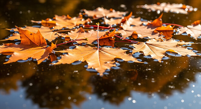 Vibrant orange autumn maple leaves floating on calm dark water.