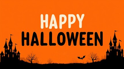 Colorful Halloween-themed design featuring Happy Halloween text with silhouettes of spooky castles and trees, ideal for decorations, invitations, or promotional materials,