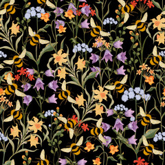Botanical seamless print with colorful flowers and bumblebees on a black background. Hand-drawn print
