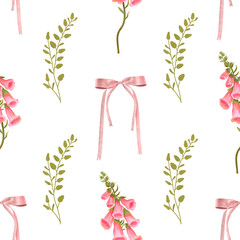 Botanical seamless print with pink flowers, green leaves and pink bows on a white background. Hand-drawn print