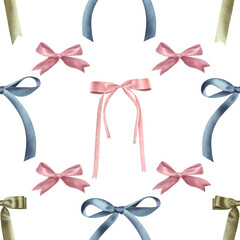 Seamless print with pink, blue, and green bows on a white background. Hand-drawn print
