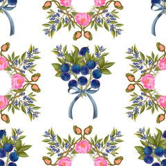 Botanical print with blueberries, poppies, peonies and bows on a white background. Hand-drawn print