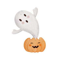 Watercolor Halloween ghost popping out of pumpkin. Hand painted cute ghost and jack o lantern isolated on white. Perfect for Halloween card, poster, or party decor.