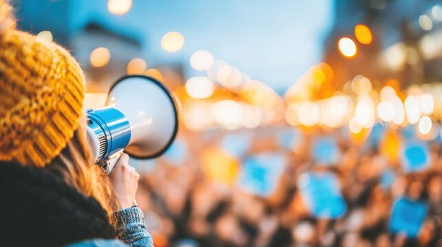 A passionate activist stands at the forefront of a large crowd, raising a megaphone to address supporters during an evening protest