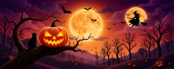 Fototapeta premium Spooky Halloween Night Scene with Jackolanterns and Bats