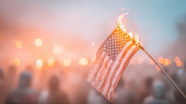 A group of protesters gathers late at night as the American flag burns in protest. The flames cast an eerie glow over the crowd, highlighting the tension and emotion of the moment