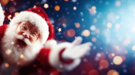 Santa Claus joyfully opens his arms, surrounded by a shimmering backdrop of colorful lights and falling snowflakes. His cheerful expression invites everyone to celebrate