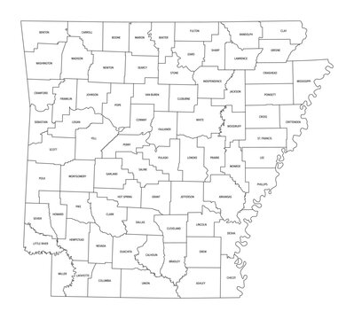 State of Arkansas, divided into 75 counties, outline map. State in the West South Central region of the Southern United States, nicknamed Natural State. Isolated black and white illustration. Vector