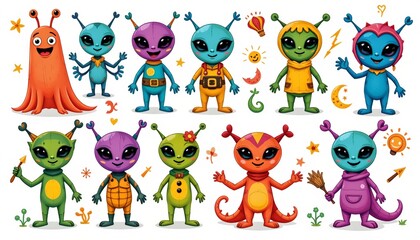 Fototapeta premium Colorful Cartoon Alien Characters Playful Group Scene