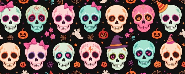 Obraz premium Colorful Halloween Skull Pattern with Decorations and Spooky Elements