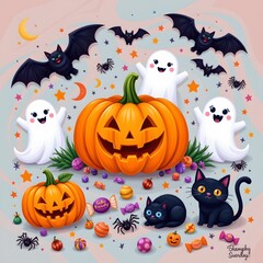 Cheerful Halloween Scene with Ghosts Pumpkin and Cat