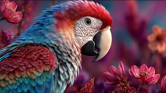 Vibrant parrot with colorful plumage perched amongst floral background
