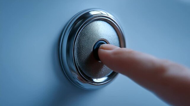 Macro close-up of doorbell button being pressed, polished chrome glowing under daylight, surface reflecting vividly.