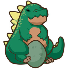 Cartoon illustration of a green dinosaur  sitting and holding  egg. It features yellow spikes and short limbs. Sweet dinosaur looking proud and kind. Perfect symbol of evolution or parenting. 