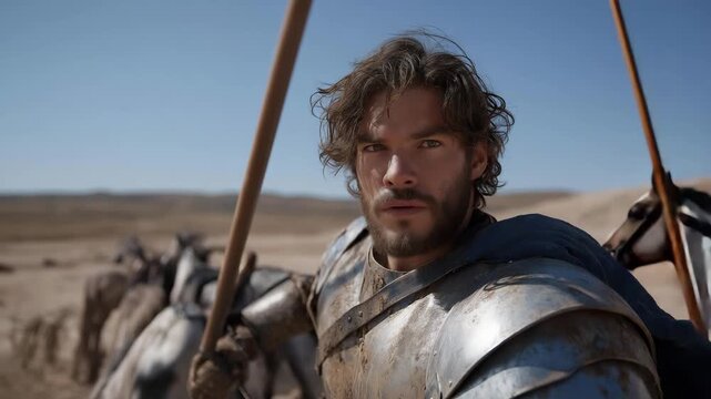 A man, his armor dented, stands on a chariot, its wheels creaking. A spear rests in his hand, its shaft worn. Horses snort, their manes tangled. A dusty plain stretches, its surface cracked. The
