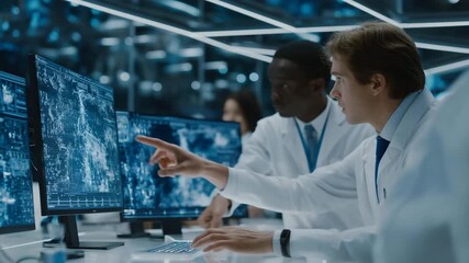 Advanced laboratory interior with glowing neon walls, scientists interacting with holographic genetic databases, and AI-powered systems analyzing DNA, highlighting futuristic research precision and - Powered by Adobe