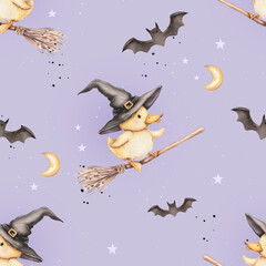Duckling on a Broom, Halloween Pattern, Halloween, Spooky Season Pattern, Funny Halloween Pattern