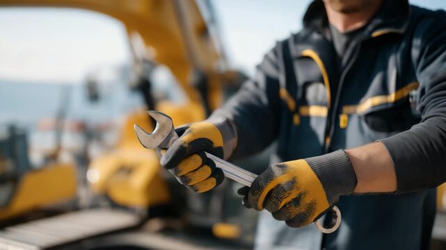 Heavy machinery at a construction site is adjusted with gloved hands gripping a wrench, reflecting industrial safety, strength, engineering, and protective workplace practices. three-quarter wide