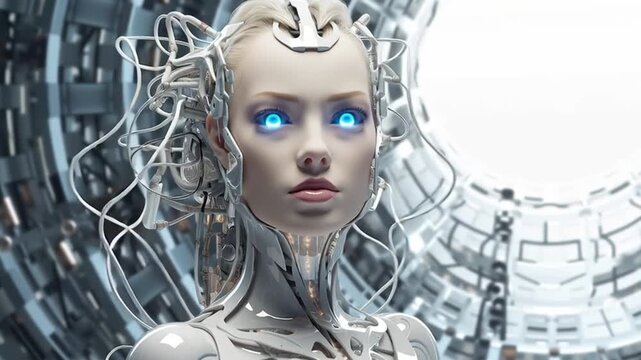 Artificial intelligence. Girl - robot with wires attached to the back of the head. Beautiful female robot face. Cyborg connected to the network with cables. Light color video. The future of humanity