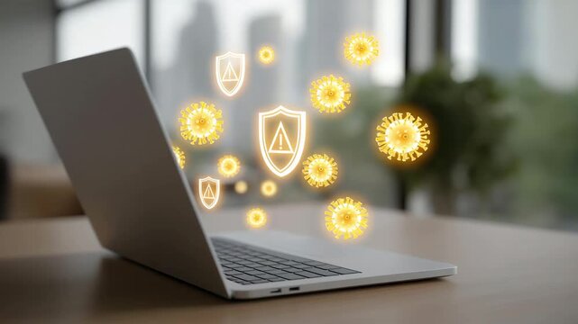 Laptop on a clean desk with holographic shields and warning alerts floating around, illustrating online security concept, real-time threat detection, malware prevention, and proactive digital