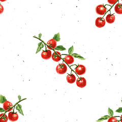 Seamless pattern with cherry tomatoes. Seamless watercolor background with tomatoes.