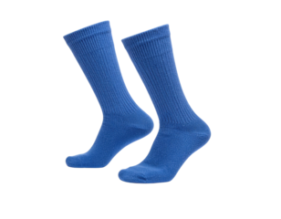 A pair of blue, ribbed socks displayed upright, showcasing their texture and design.
