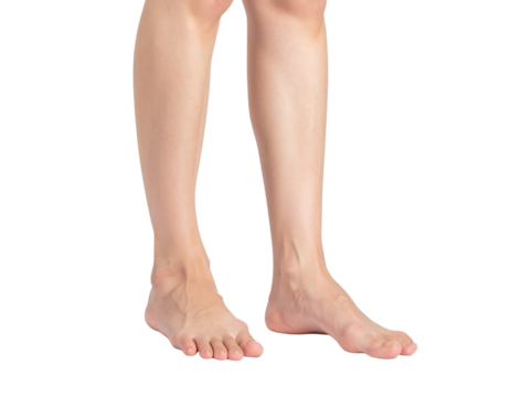 A pair of human feet positioned in a natural stance, showcasing the skin texture and anatomical details of the legs.