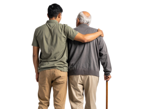 A young man embraces an elderly man, showcasing a moment of companionship and support.