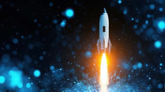 Futuristic Rocket Launch with Bright Flames and Particle Effects in a Space Environment 4k video footage