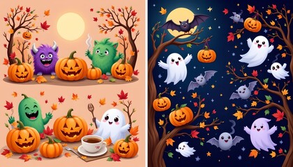 Fototapeta premium Whimsical Halloween Scene with Cartoon Monsters and Spooky Elements