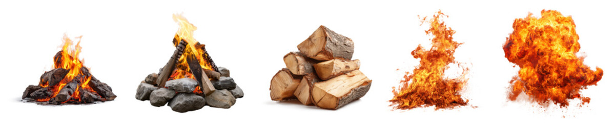 campfire set: campfire, fire flame, fire blast, stacked wood logs and stone fireplace isolated on white or transparent png