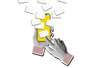 Using email - hands holding a phone with envelopes flying off the screen. Modern collage style. Illustration on transparent background