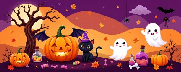 Whimsical Halloween Scene with Pumpkins Ghosts and Cats