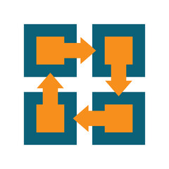 Bold infographic featuring interlinked squares and arrows to represent process flow or decision-making pathways in a corporate environment.