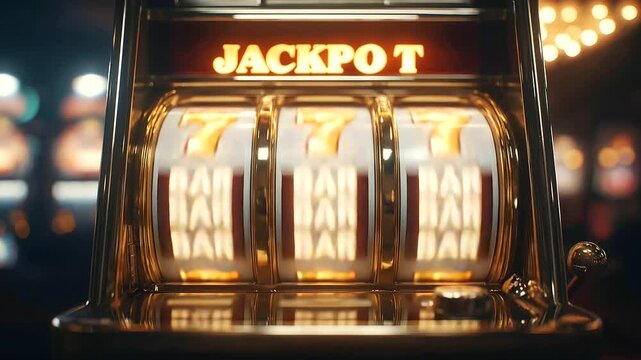 Medium shot of jackpot slot machine glowing, reels aligned on golden seven symbols, bright casino atmosphere.