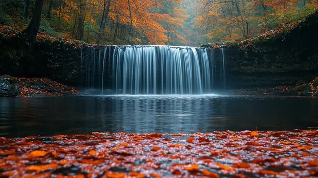 Beautiful Waterfall in Autumn Forest with Colorful Leaves.