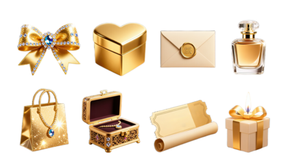Collection of luxurious golden objects including a bow heart shaped box perfume bottle gift bag jewelry box scroll and gift box isolated on transparent background