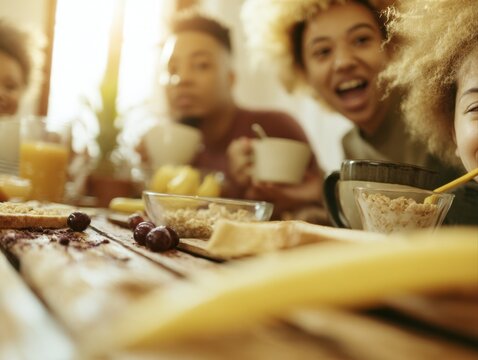 Cheerful family enjoying a joyful breakfast together, sharing laughter and delicious food in a sunlit atmosphere