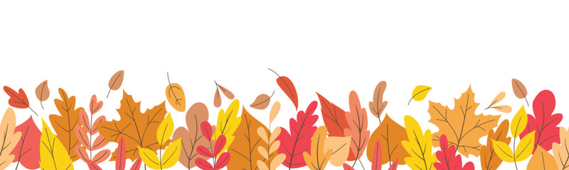 Horizontal seamless banner decorated with colorful fall leaves. Autumn backdrop. Flat vector illustration isolated on white background