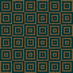 ornament from hand drawn squares. blue and gold pixels. vector seamless pattern. black repetitive background. modern decorative art. geometric fabric swatch. textile design template. home decor