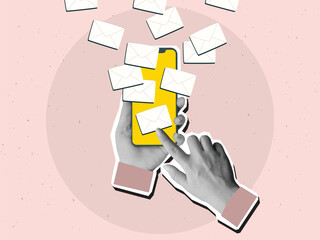 Using email - hands holding a phone with envelopes flying off the screen. Modern collage style. Vector illustration