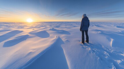 A solitary figure in a stunning frozen landscape at dawn, capturing a sense of serene desolation.